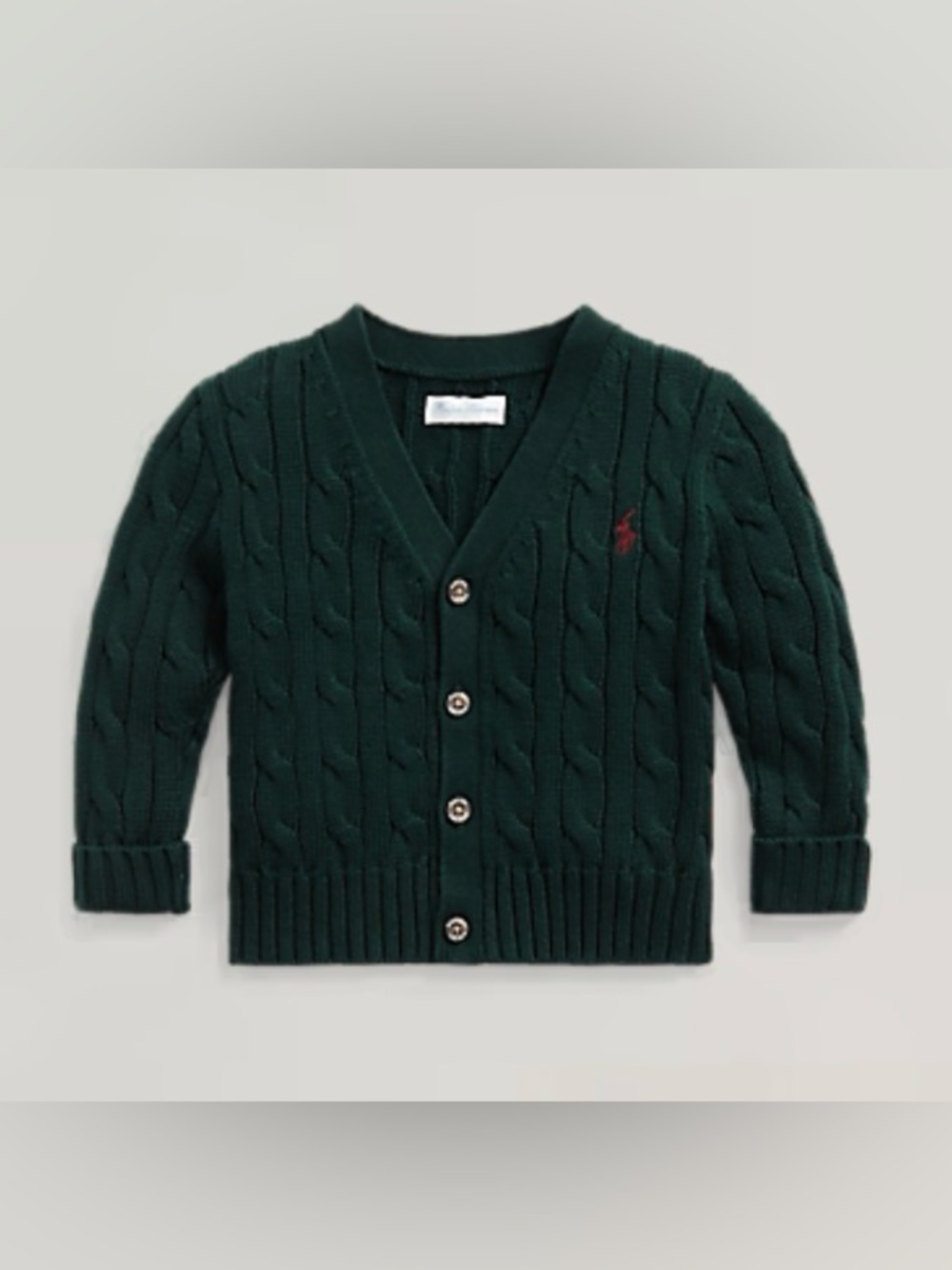 Ralph Lauren Hunter green cable knit V neck cardigan sweater boys 24m cotton